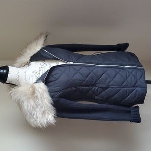 Black faux fur collar belted knit sweater jacket